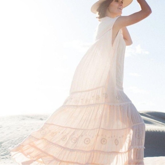 Free People Ecru Pink Pretty Cozy Viscose Tiered Sleeveless Boho Maxi Dress XL - Picture 3 of 17